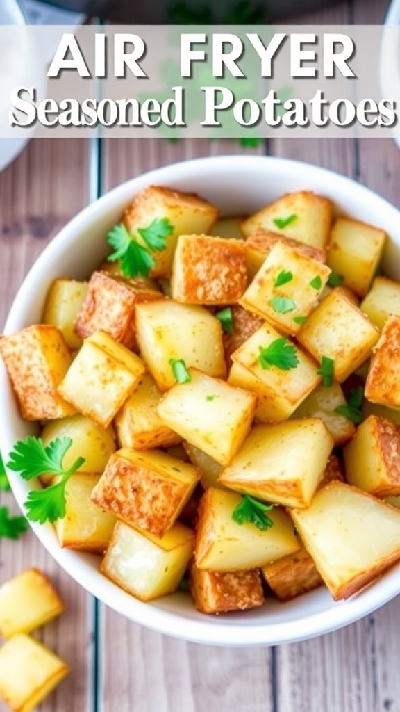 Crispy Air Fryer Seasoned Potatoes Recipe Crispy seasoned potatoes from the air fryer, garnished with parsley, served in a bowl on a rustic table.